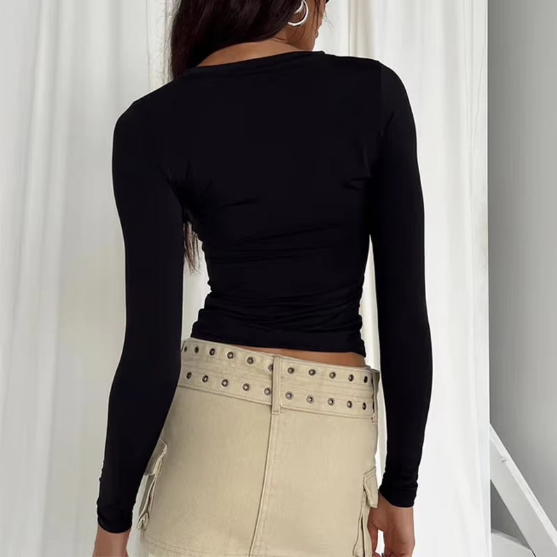 Chic Women's Long Sleeve Slim Fit Crop Top - Y2K Casual Streetwear Tee for Spring & Autumn
