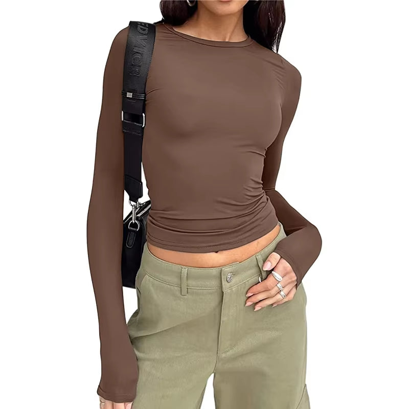 Chic Women's Long Sleeve Slim Fit Crop Top - Y2K Casual Streetwear Tee for Spring & Autumn