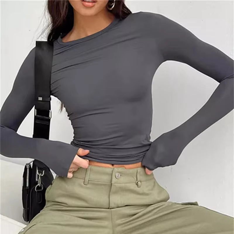 Chic Women's Long Sleeve Slim Fit Crop Top - Y2K Casual Streetwear Tee for Spring & Autumn