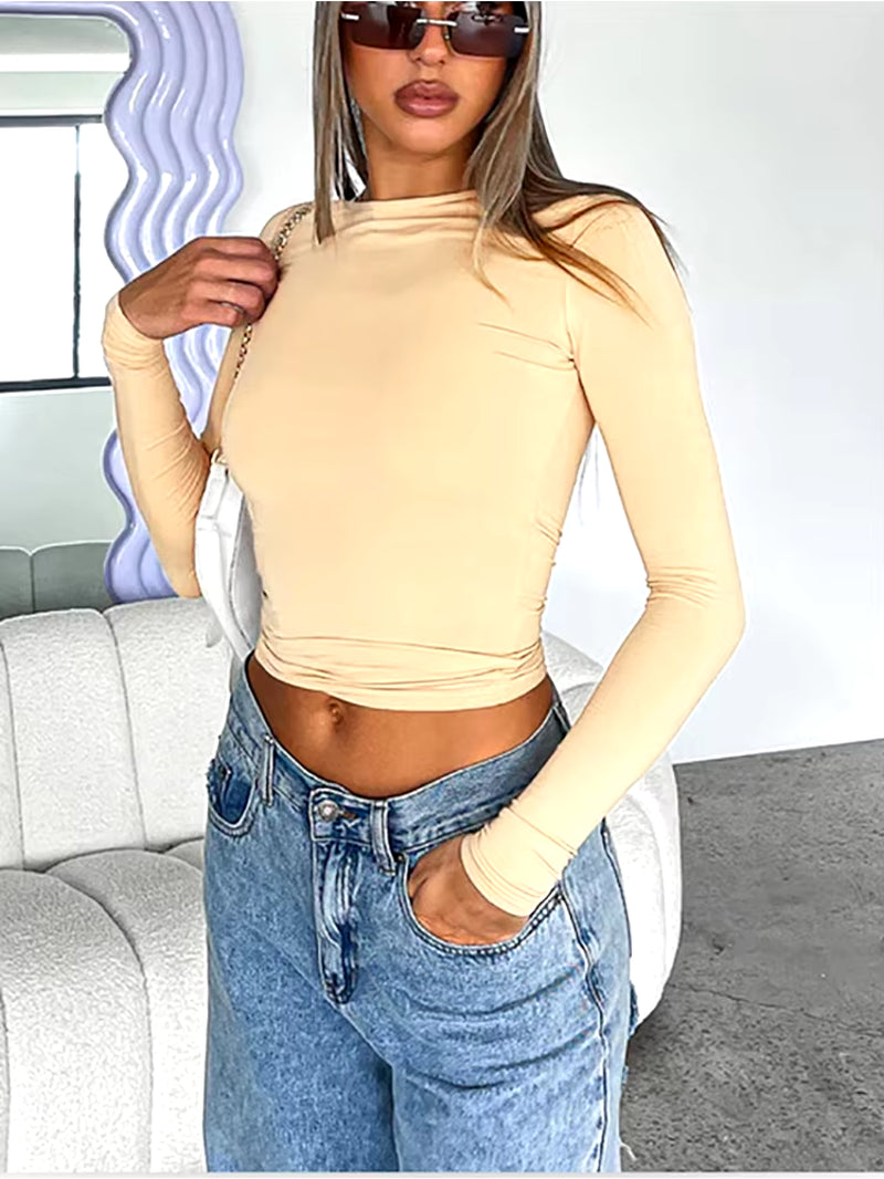 Chic Women's Long Sleeve Slim Fit Crop Top - Y2K Casual Streetwear Tee for Spring & Autumn