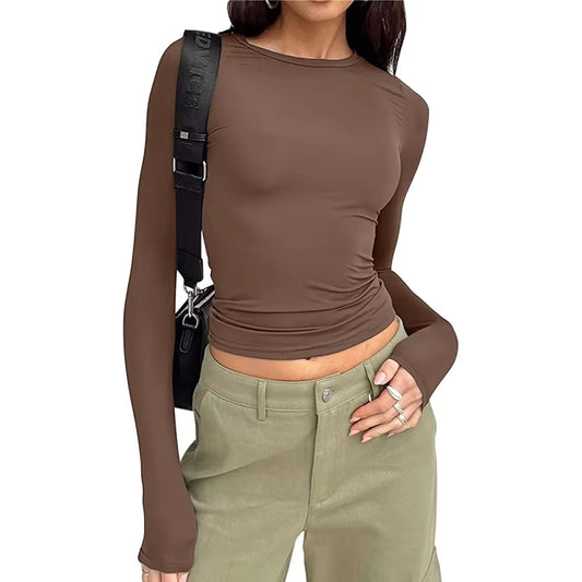Chic Women's Long Sleeve Slim Fit Crop Top - Y2K Casual Streetwear Tee for Spring & Autumn