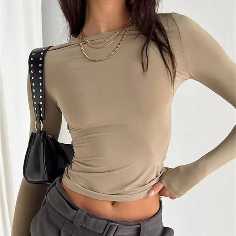 Chic Women's Long Sleeve Slim Fit Crop Top - Y2K Casual Streetwear Tee for Spring & Autumn