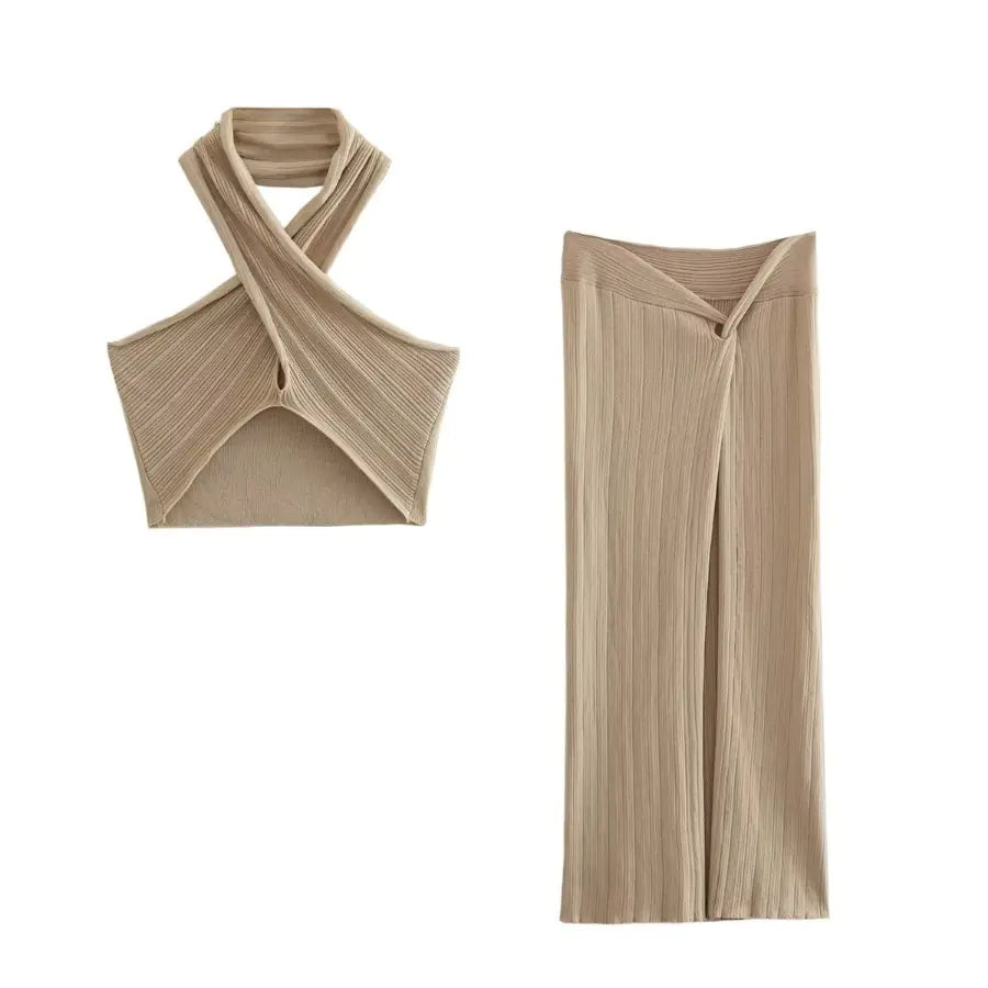 Cross Neck Halter Top and Skirt Set